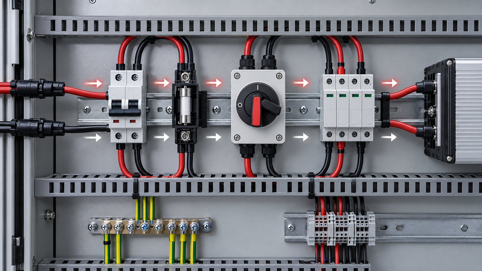 DC control cabinet workflow showing protection path from source through protection devices to load