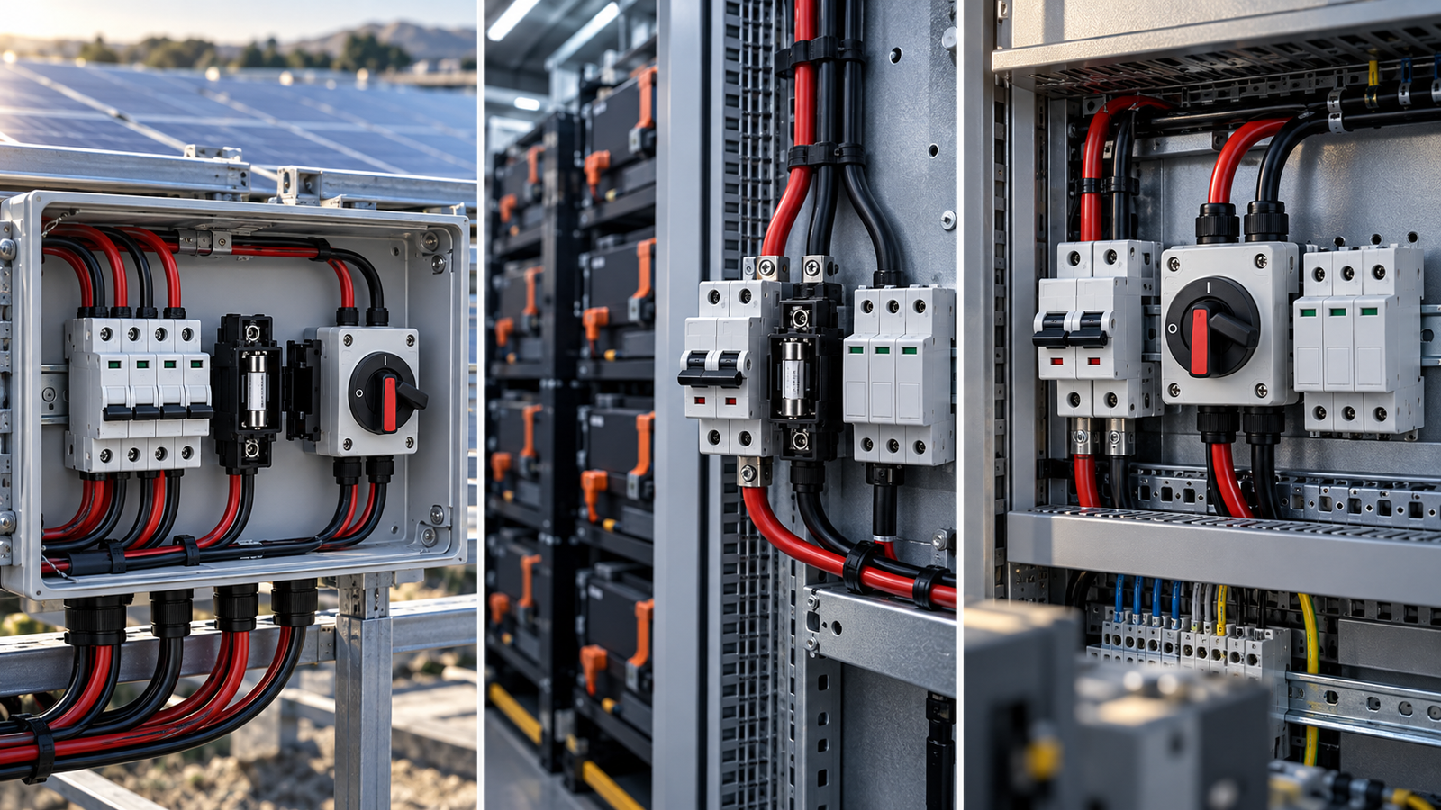 Industrial DC protection wiring applications shown in multiple real installation scenes