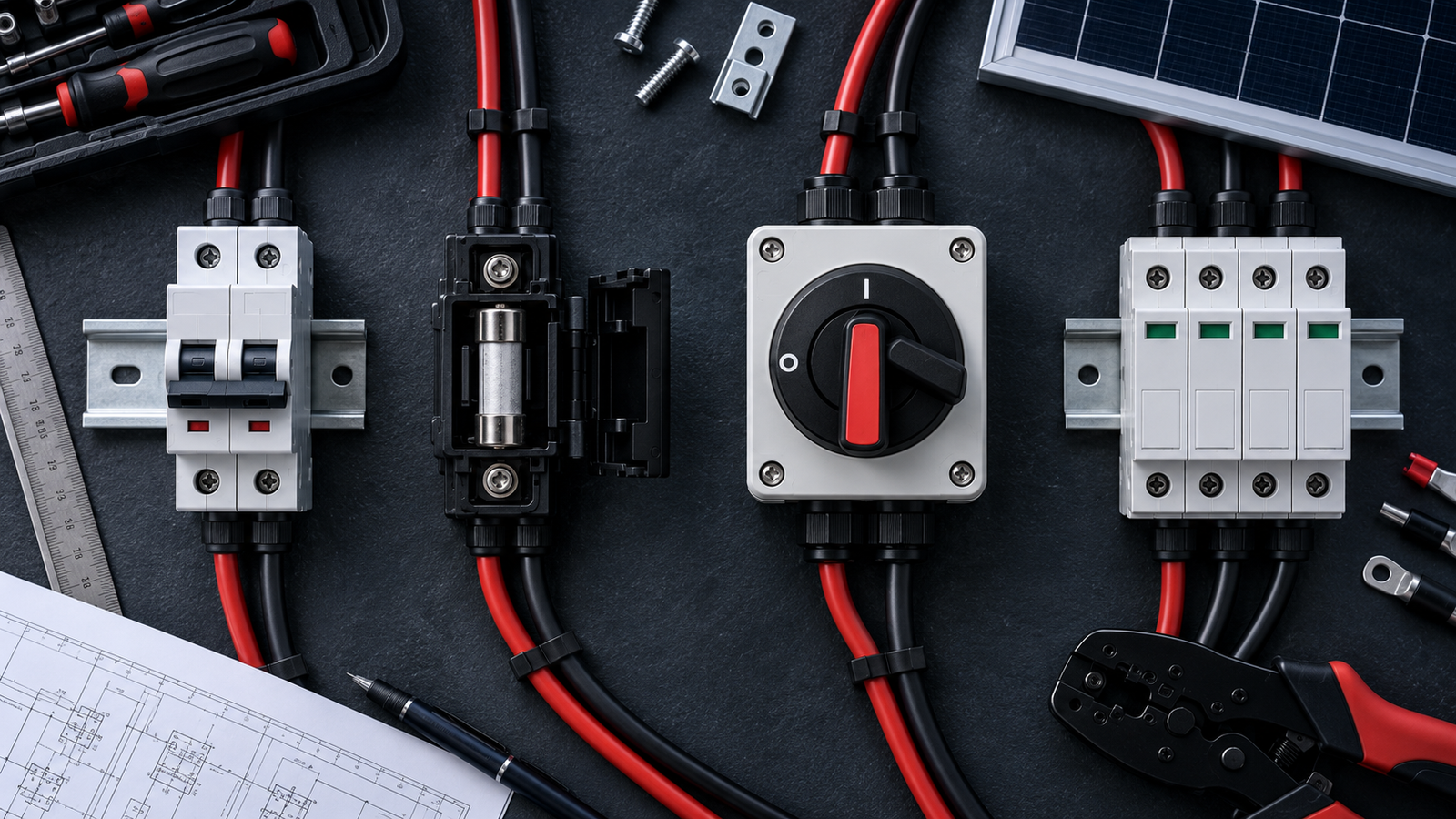 DC circuit breaker, fuse holder, isolator and surge protective device on a workbench