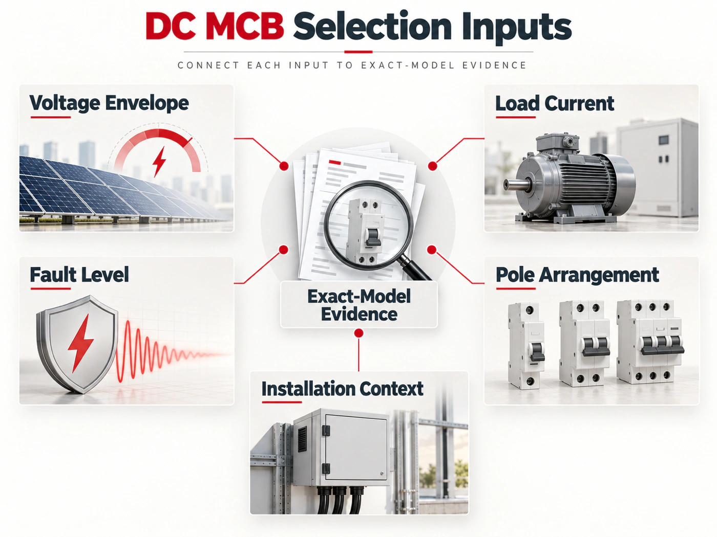 Five evidence inputs for DC MCB selection connected to exact-model documentation