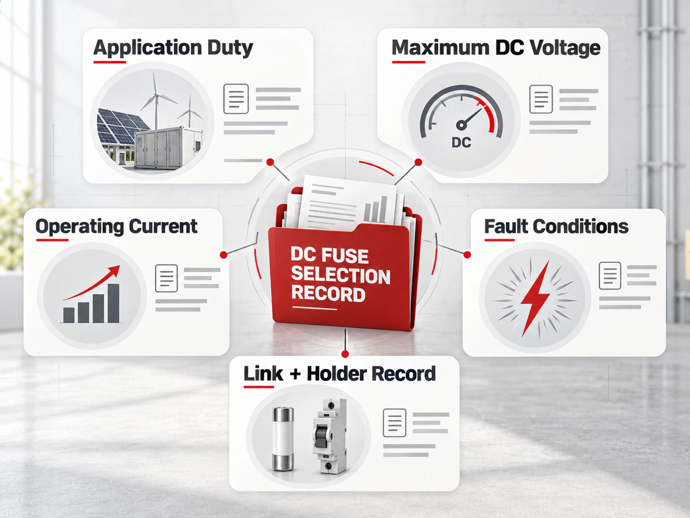Five-part DC fuse selection record including application and holder evidence