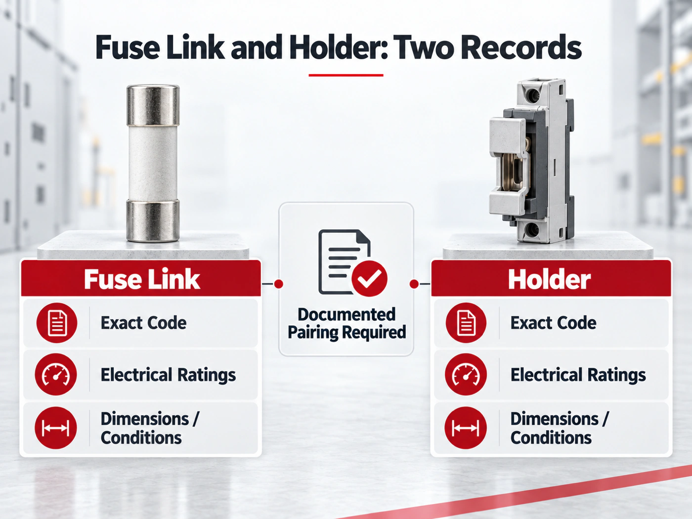 Separate evidence records for a DC fuse link and its holder
