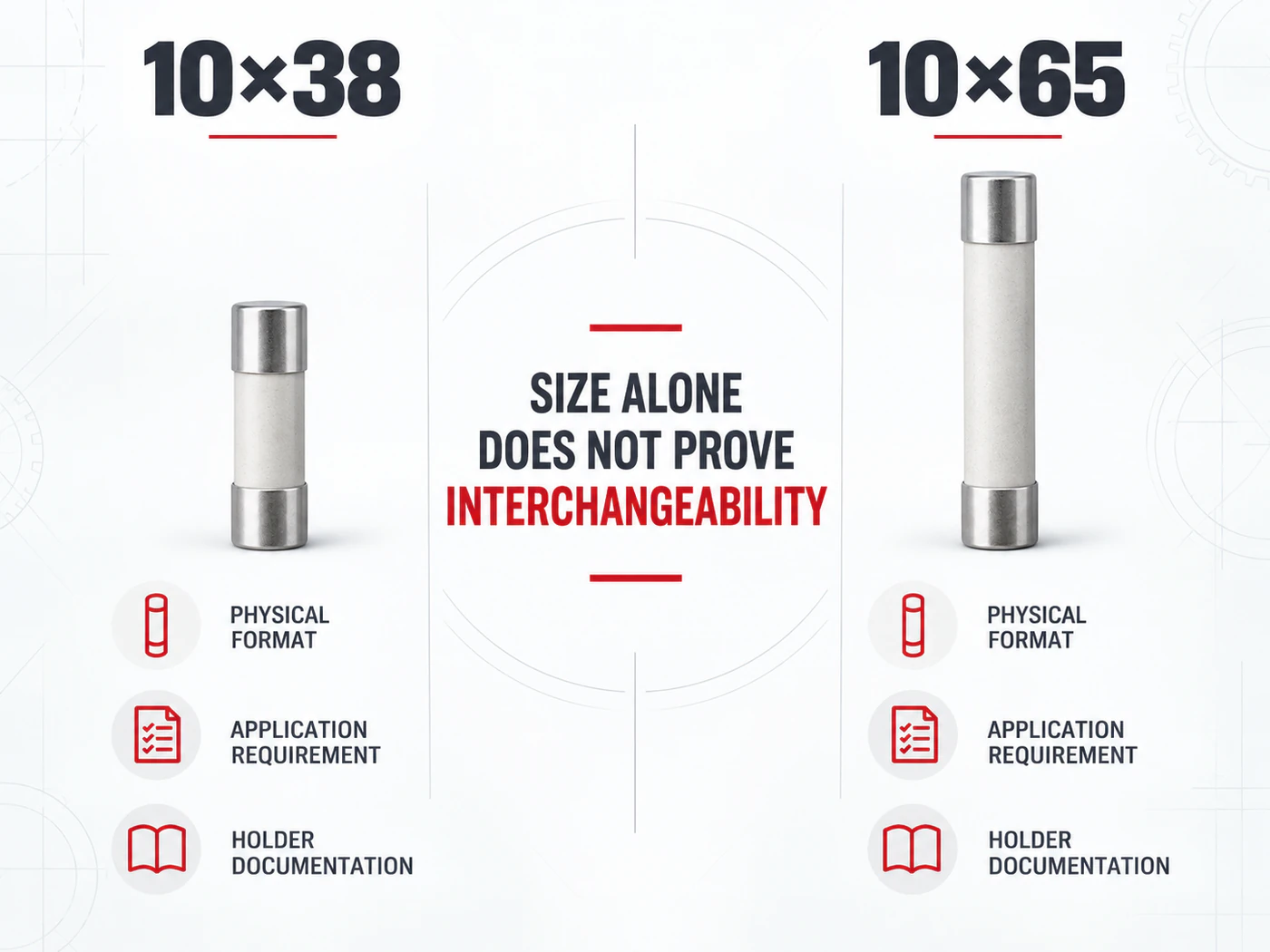 10x38 versus 10x65 fuse-link evidence requirements