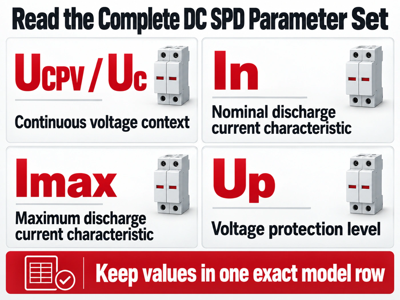 Conceptual roles of UCPV or Uc, In, Imax and Up in DC SPD selection
