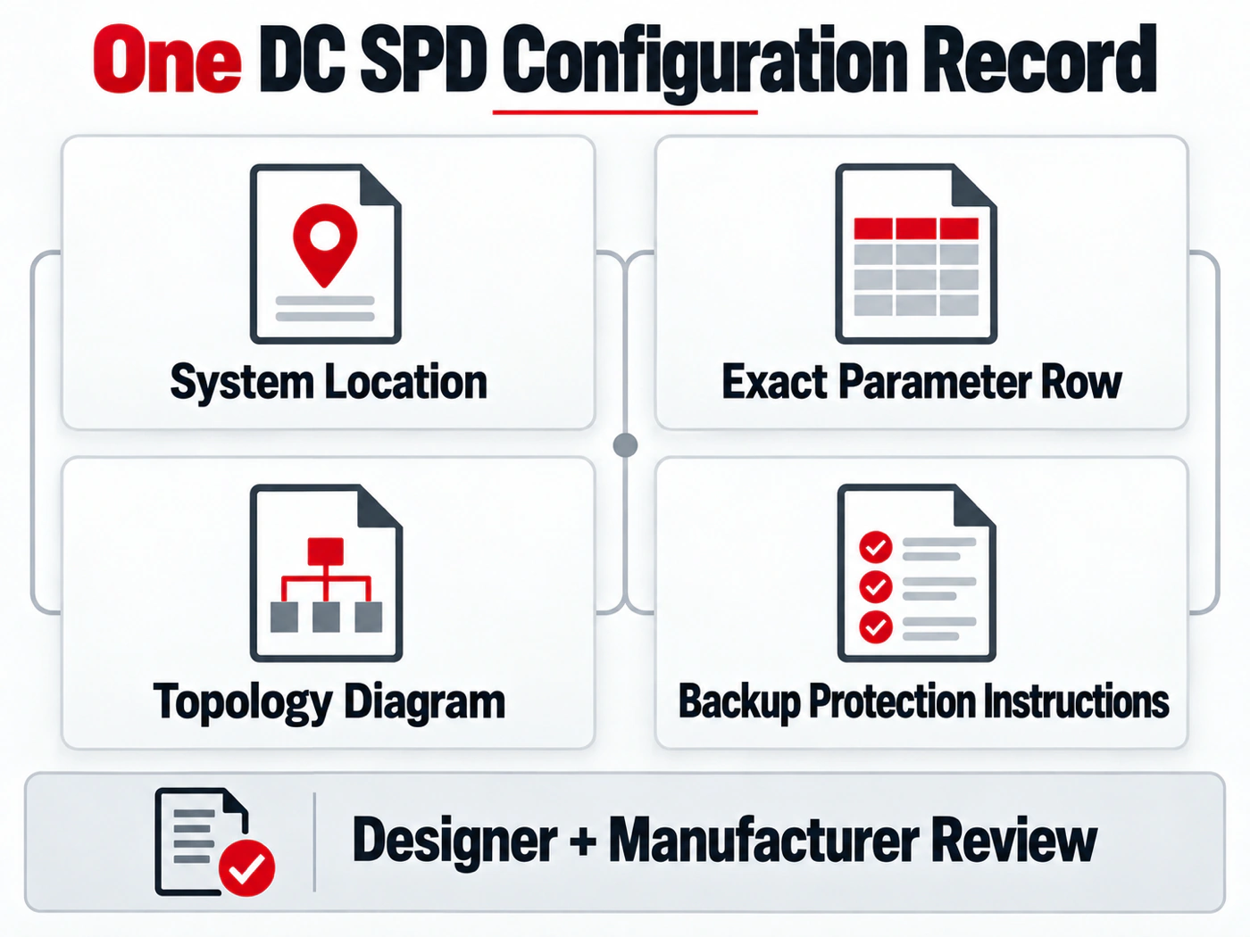 Evidence map for one complete DC SPD configuration record