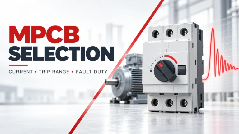 MPCB selection editorial visual for current, trip range and fault duty