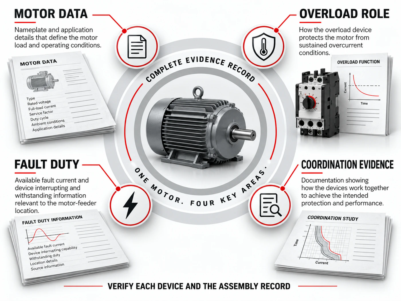 Motor-feeder evidence record for overload role, fault duty and coordination documentation