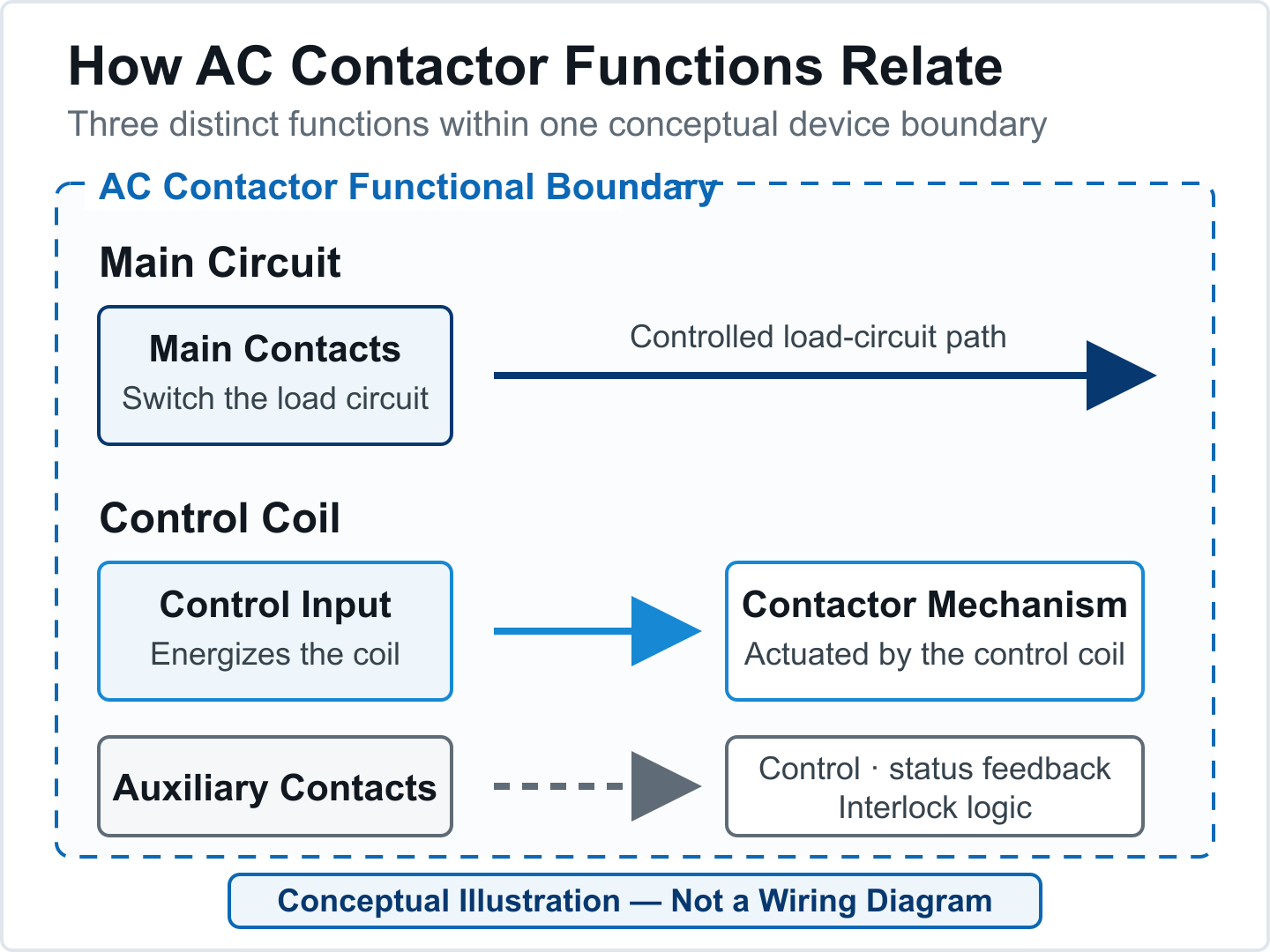 Conceptual diagram distinguishing an AC contactor main circuit, control coil and auxiliary contacts