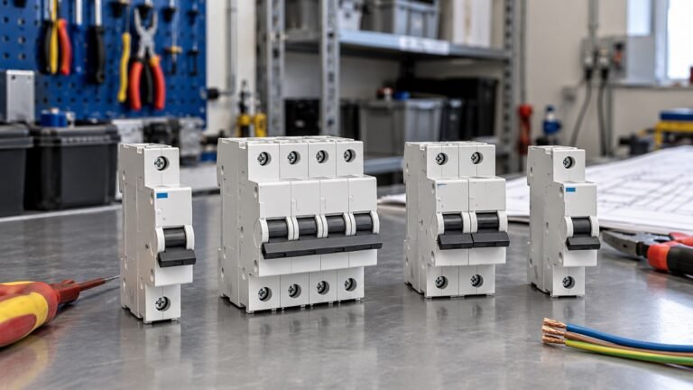 Representative AC miniature circuit breakers on an industrial electrical workbench