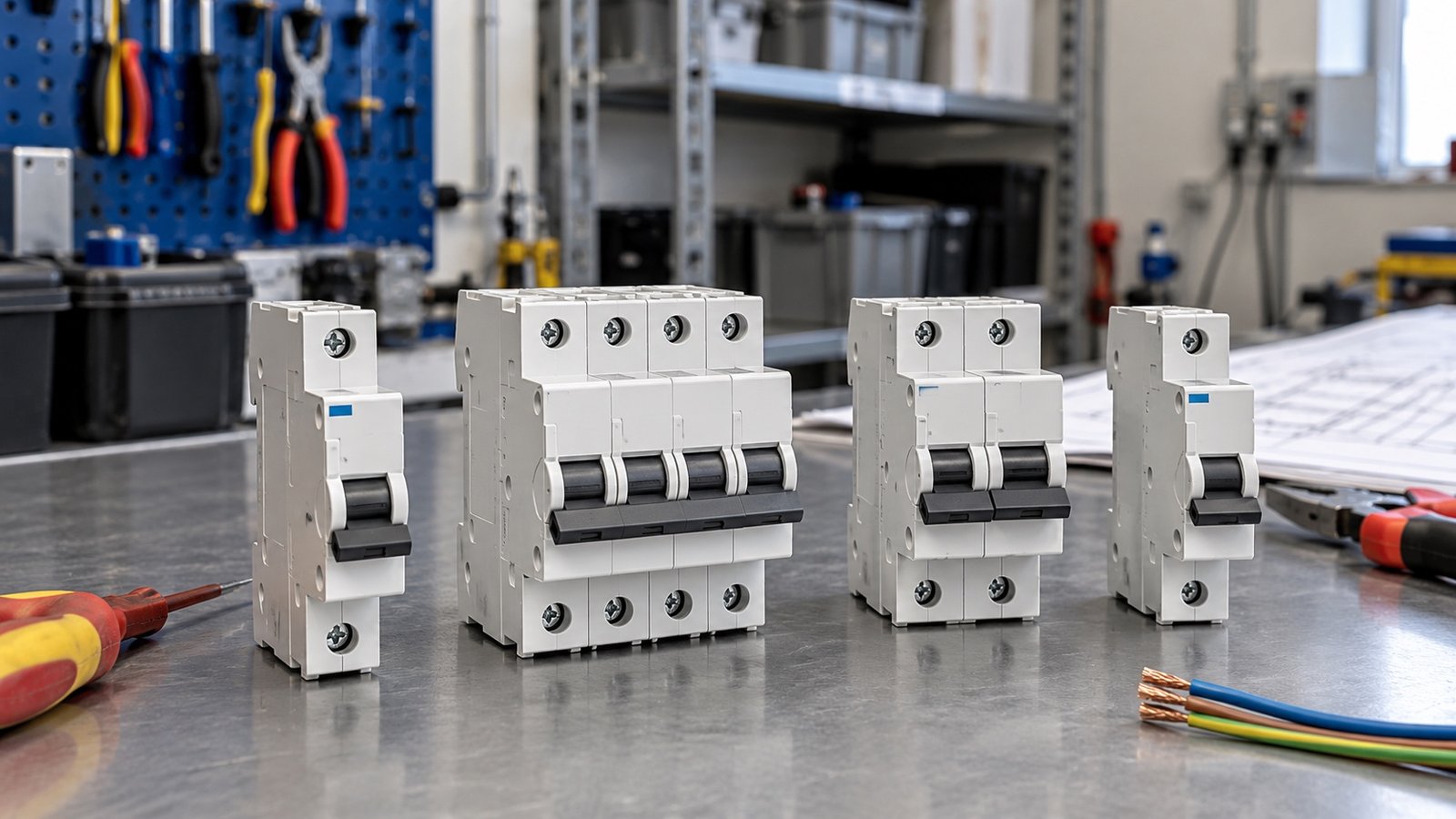 Representative AC miniature circuit breakers on an industrial electrical workbench