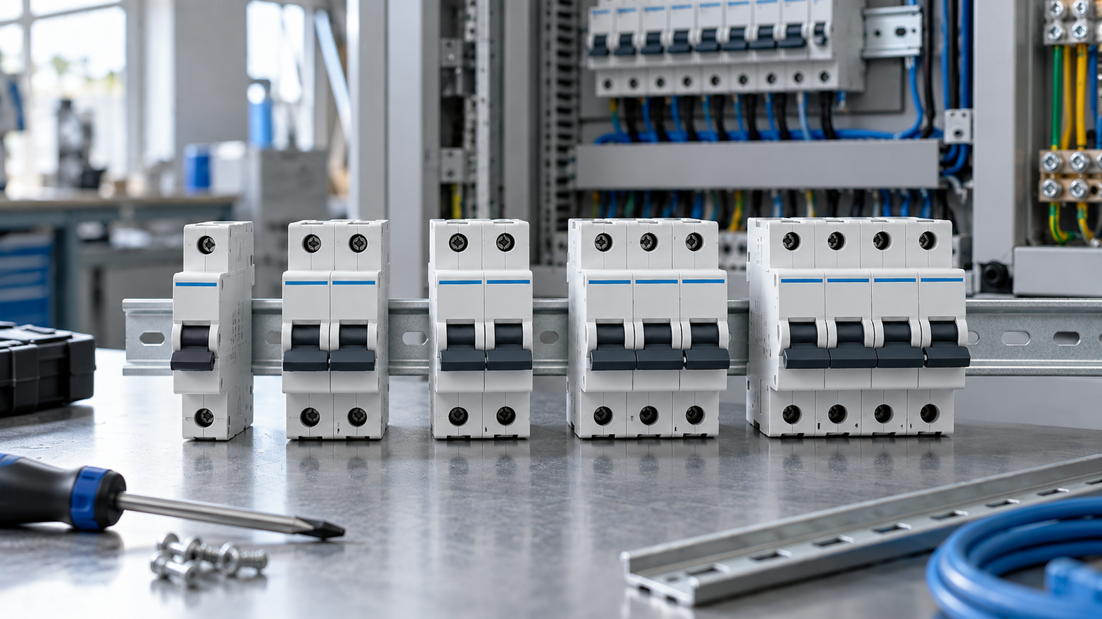 Different AC miniature circuit breaker pole formats in an industrial distribution panel