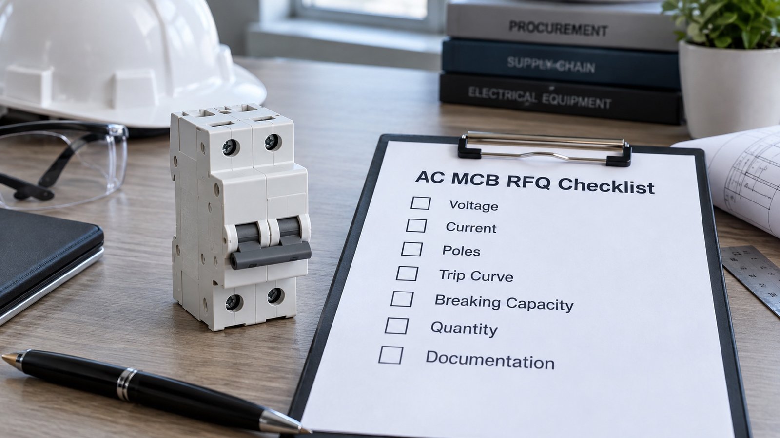 AC MCB RFQ checklist covering voltage current poles trip curve breaking capacity quantity and documentation