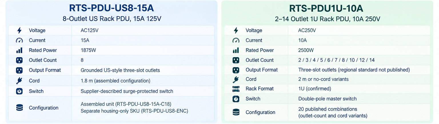 Published ratings comparison of RTS-PDU-US8-15A and RTS-PDU1U-10A rack PDU families
