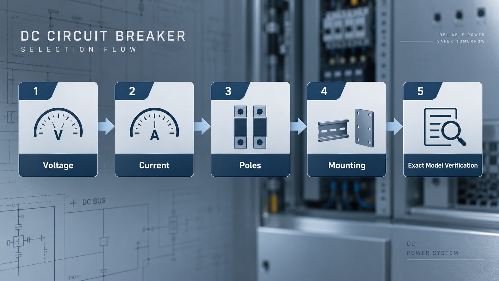 DC circuit breaker selection flow using voltage, current, poles, mounting and exact model verification