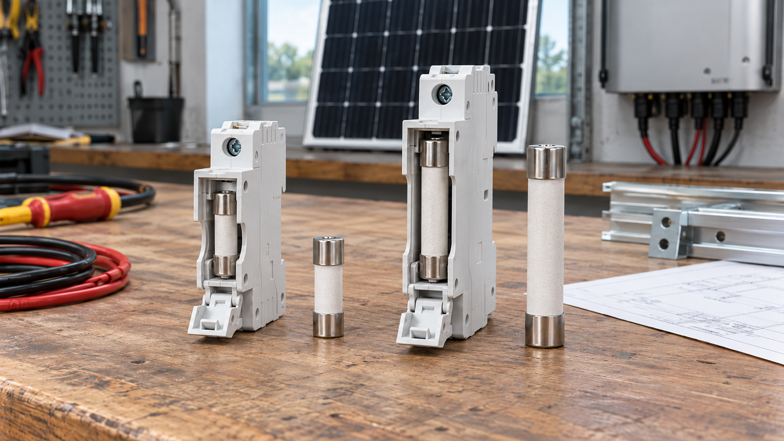 Different DC fuse link and fuse holder formats shown together for compatibility selection