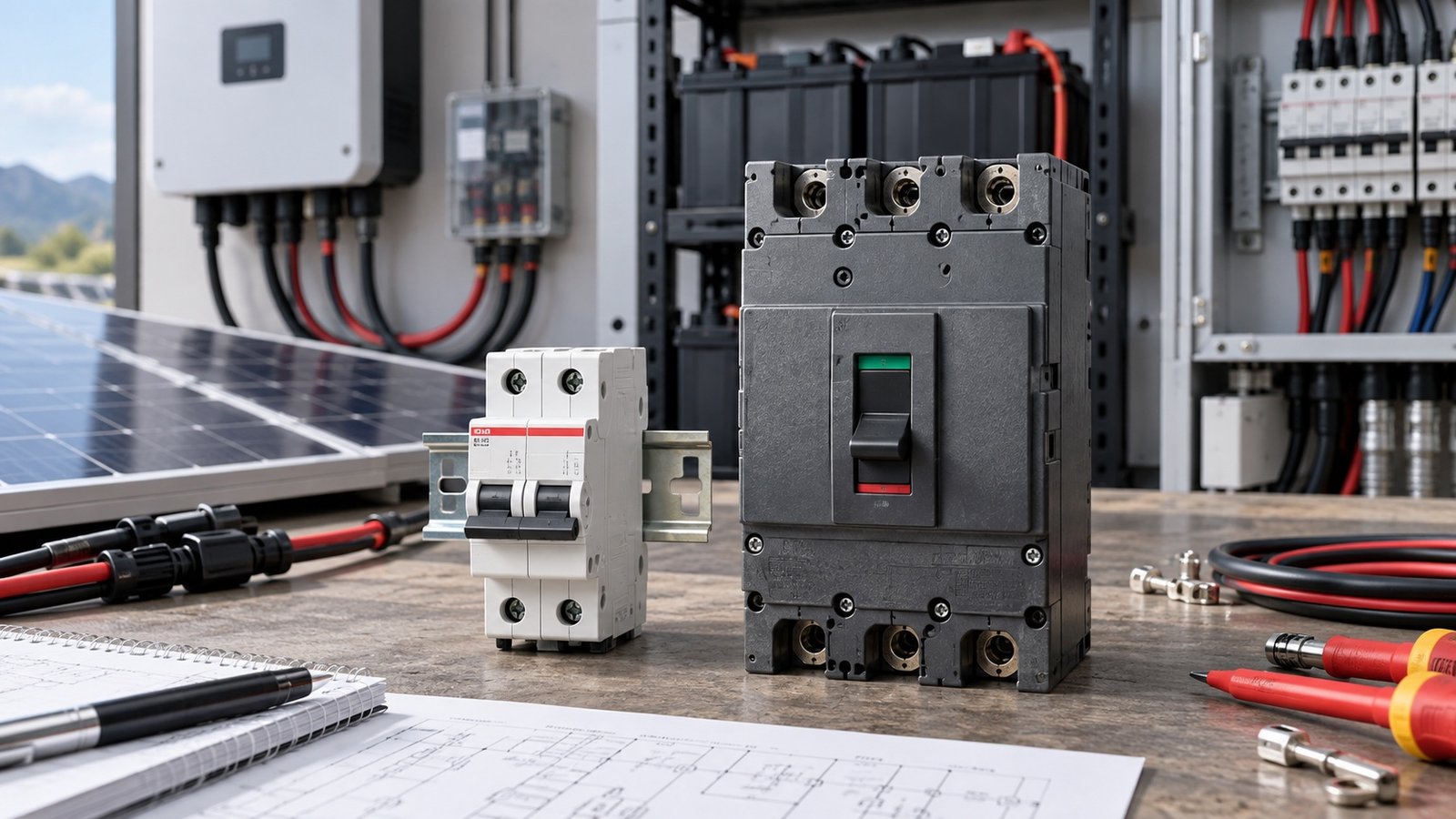 DC MCB and MCCB circuit breakers in a solar and industrial DC electrical environment