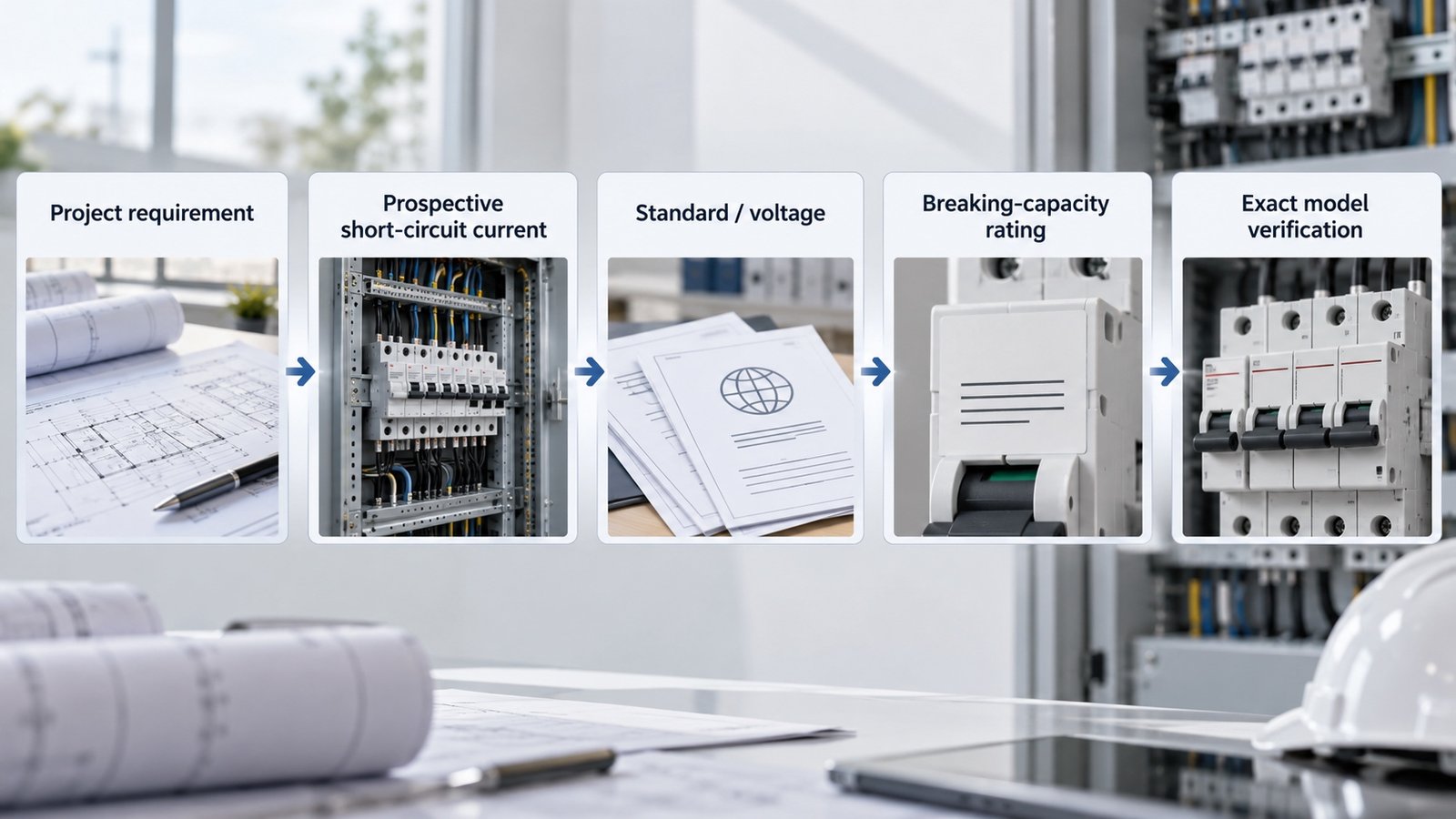Conceptual MCB breaking-capacity verification process from project requirement to exact model
