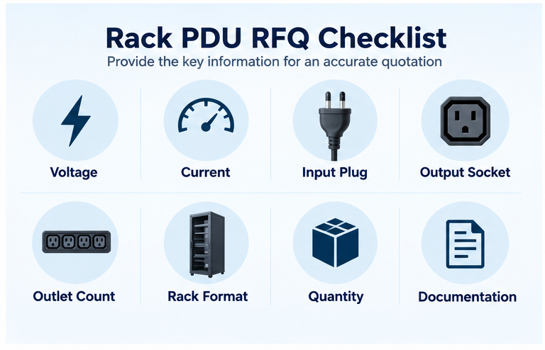 Rack PDU RFQ checklist including voltage current plug socket outlet count rack format quantity and documentation