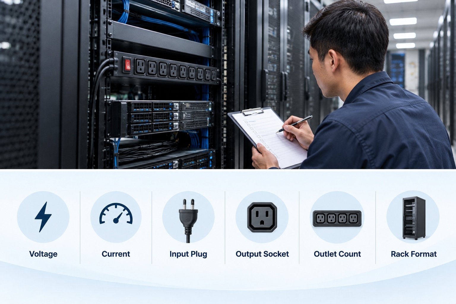 Key rack PDU selection inputs including voltage current plug socket outlet count and rack format
