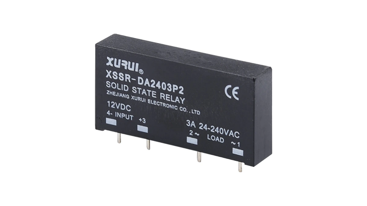 XSSR-DA2403P2 PCB-mount AC solid state relay on a white background
