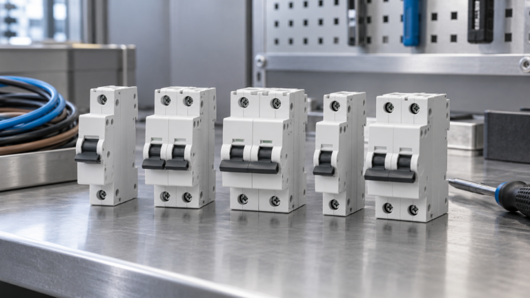 Representative single-phase AC miniature circuit breaker formats on an industrial workbench