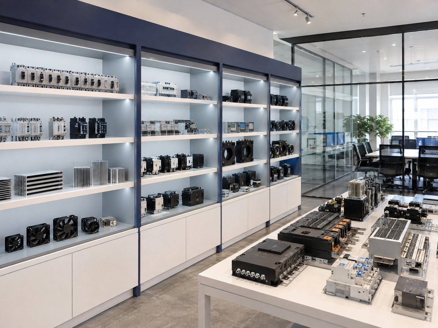 Industrial electrical components displayed in a modern showroom