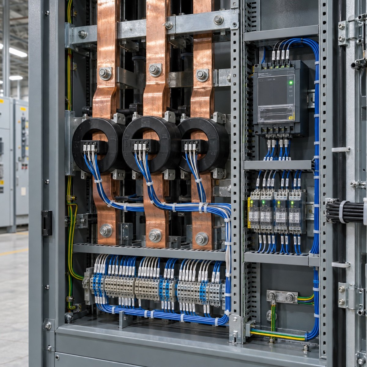 Electrical protection cabinet with current transformers, CT secondary wiring and protection module