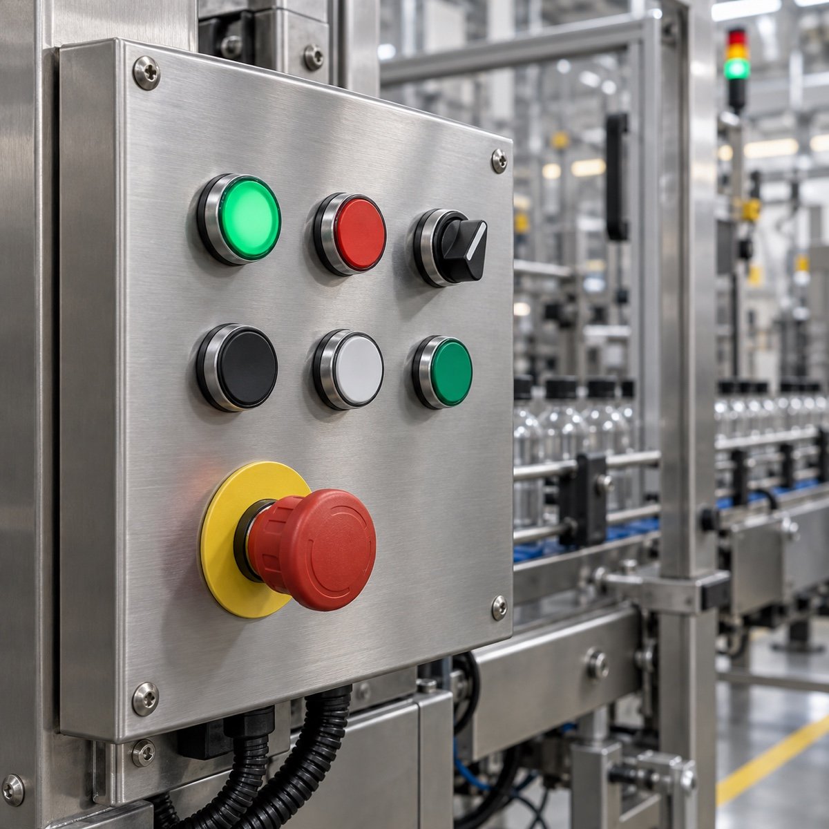 Industrial machine control station with 22mm pushbuttons, selector switch and emergency-stop operator