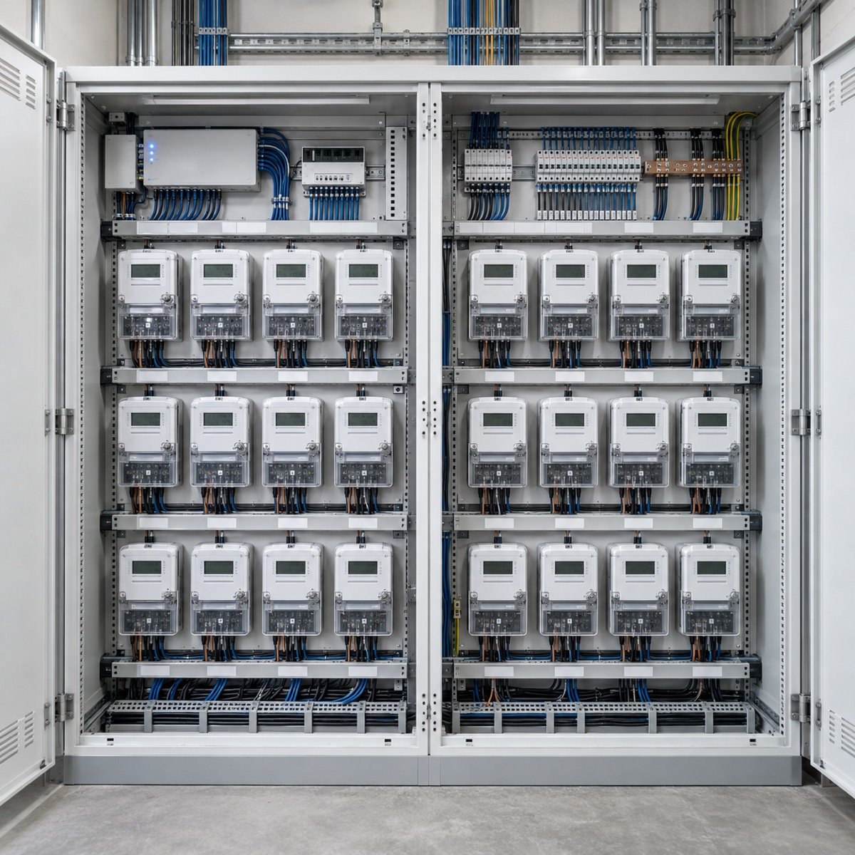 Multi-tenant building electrical cabinet with smart prepaid energy meters and communication equipment
